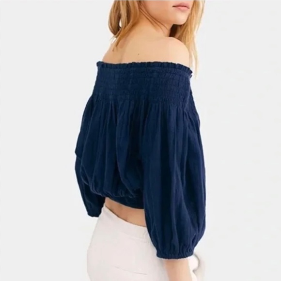Like New [We The Free ✵ People] Navy Blue Off Shoulder Smocked Crop Top | Small - Picture 14 of 15
